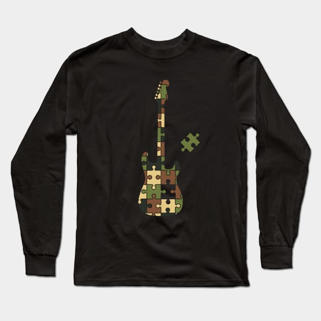 Camouflage Puzzle S-Style Electric Guitar Silhouette Long Sleeve T-Shirt by nightsworthy